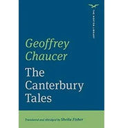 Book cover of 'The Canterbury Tales' by Geoffrey Chaucer with a blue and green color scheme.